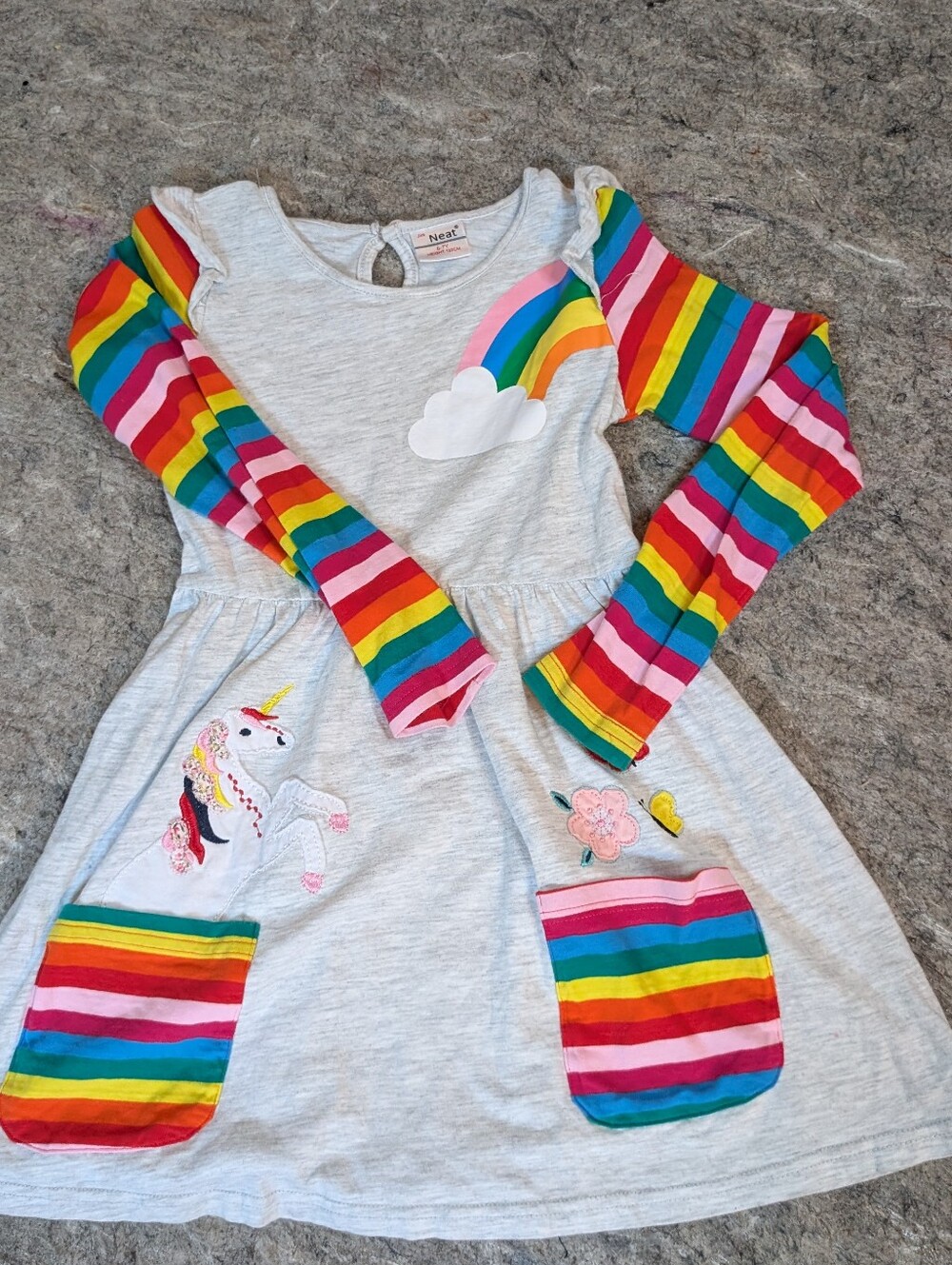 Colorful Cotton Rainbow Stripe Unicorn Dress Pockets Neutral Heather 6-7